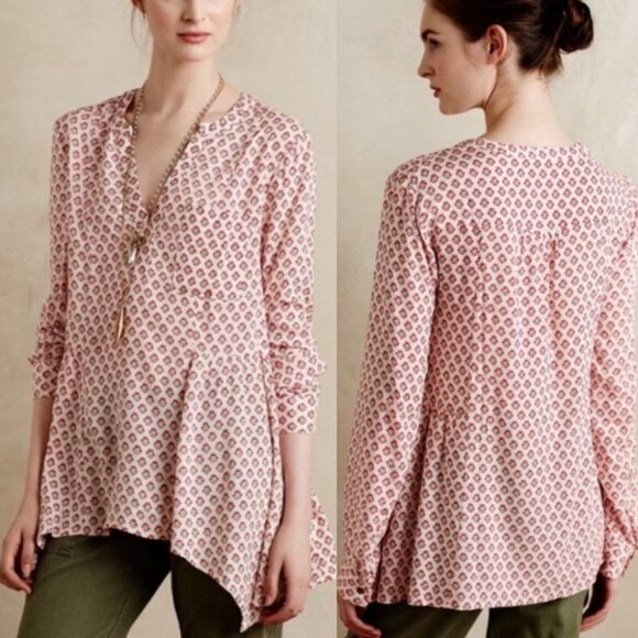Anthropologie Maeve Laiken Henley Motif Oversized Blouse Pink Rayon Size 0‎ Boho - Picture 1 of 10